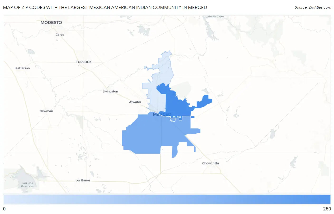 Zip Codes with the Largest Mexican American Indian Community in Merced Map
