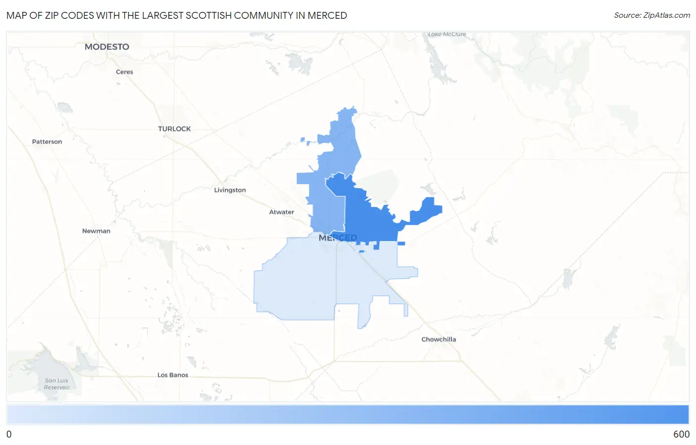 Zip Codes with the Largest Scottish Community in Merced Map