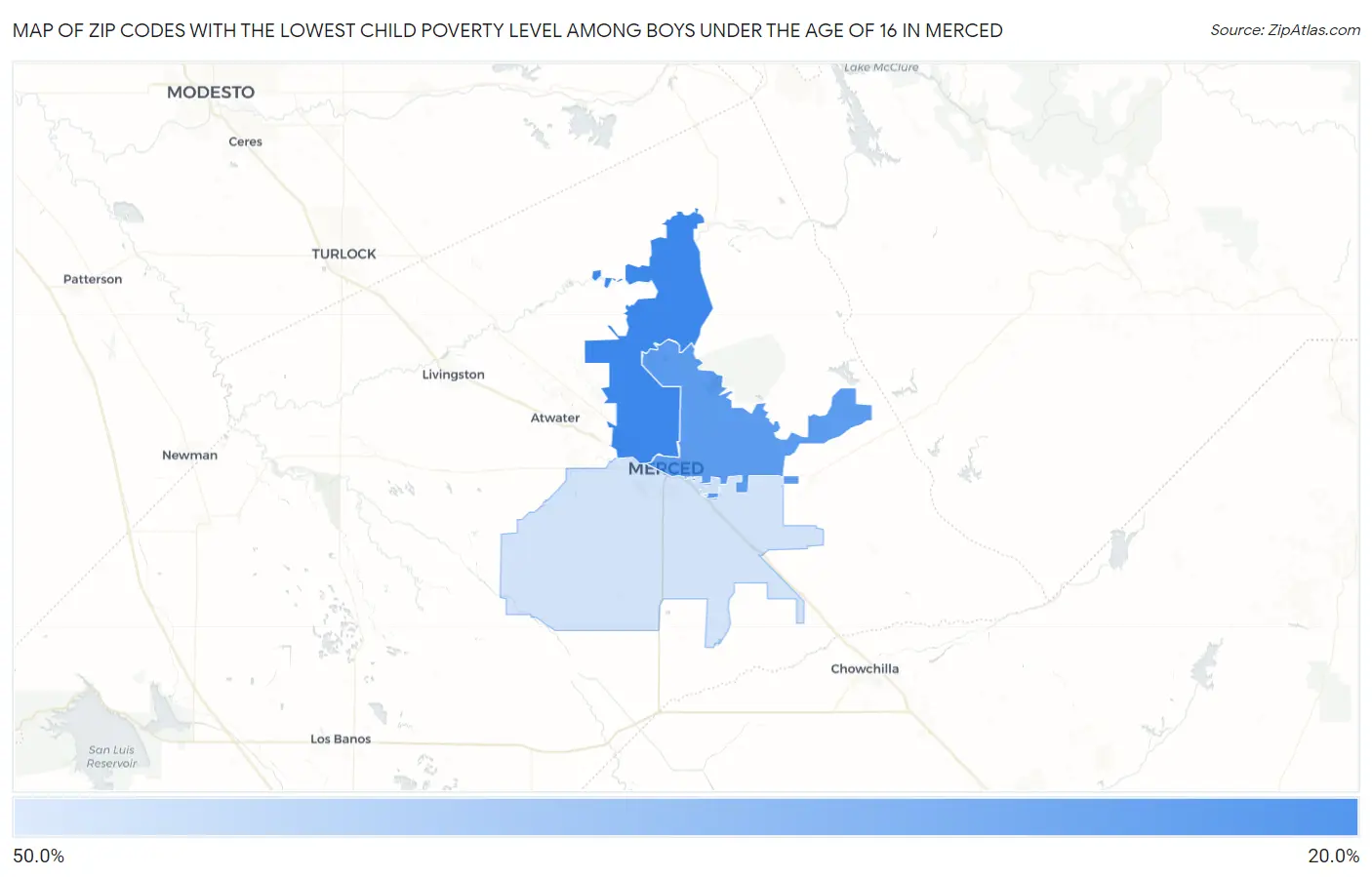 Zip Codes with the Lowest Child Poverty Level Among Boys Under the Age of 16 in Merced Map