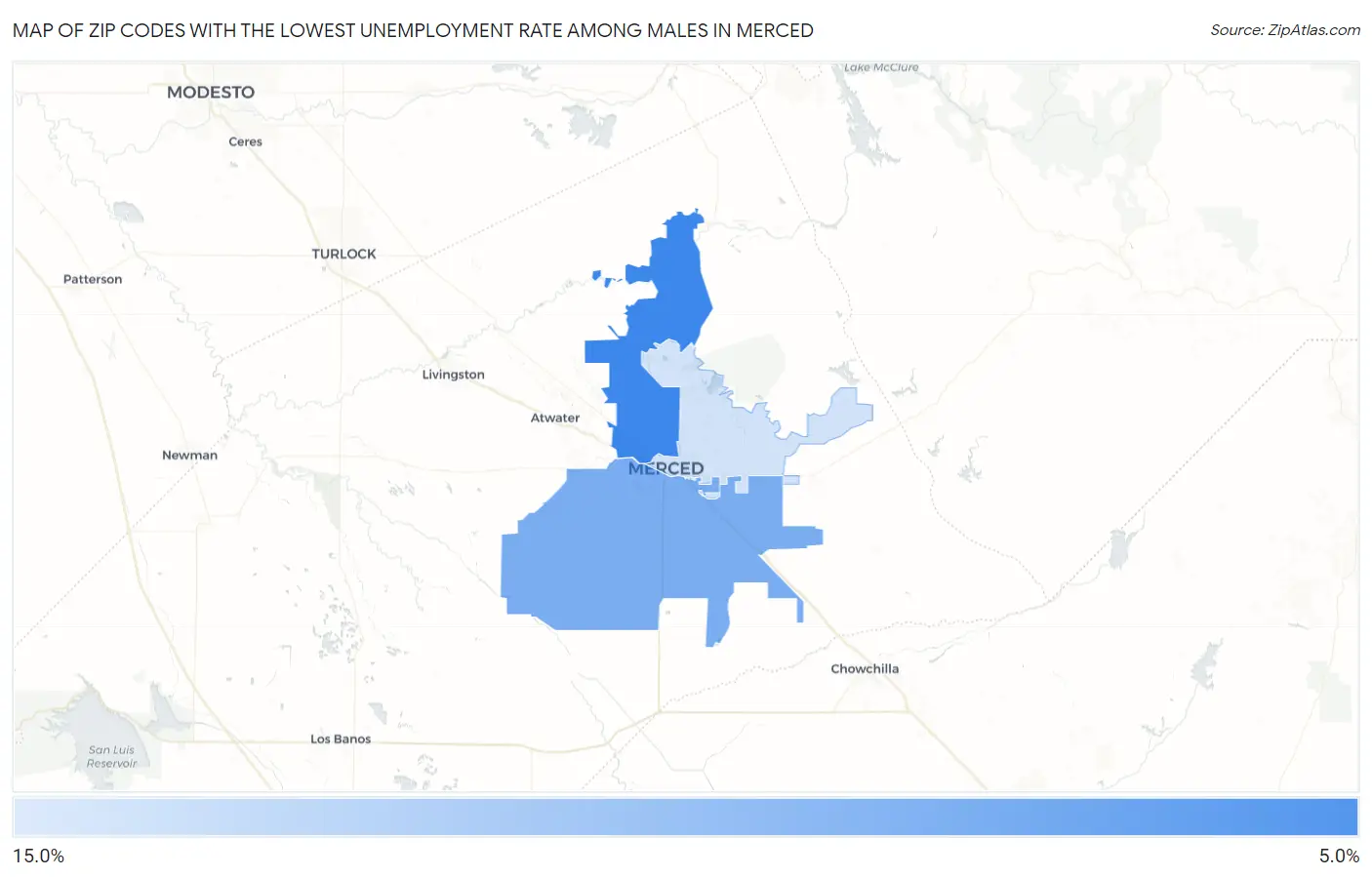 Zip Codes with the Lowest Unemployment Rate Among Males in Merced Map