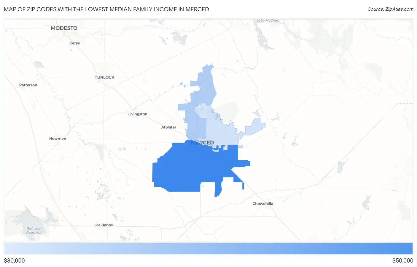 Zip Codes with the Lowest Median Family Income in Merced Map
