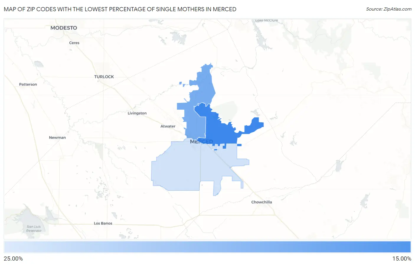 Zip Codes with the Lowest Percentage of Single Mothers in Merced Map