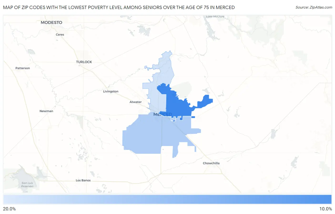 Zip Codes with the Lowest Poverty Level Among Seniors Over the Age of 75 in Merced Map