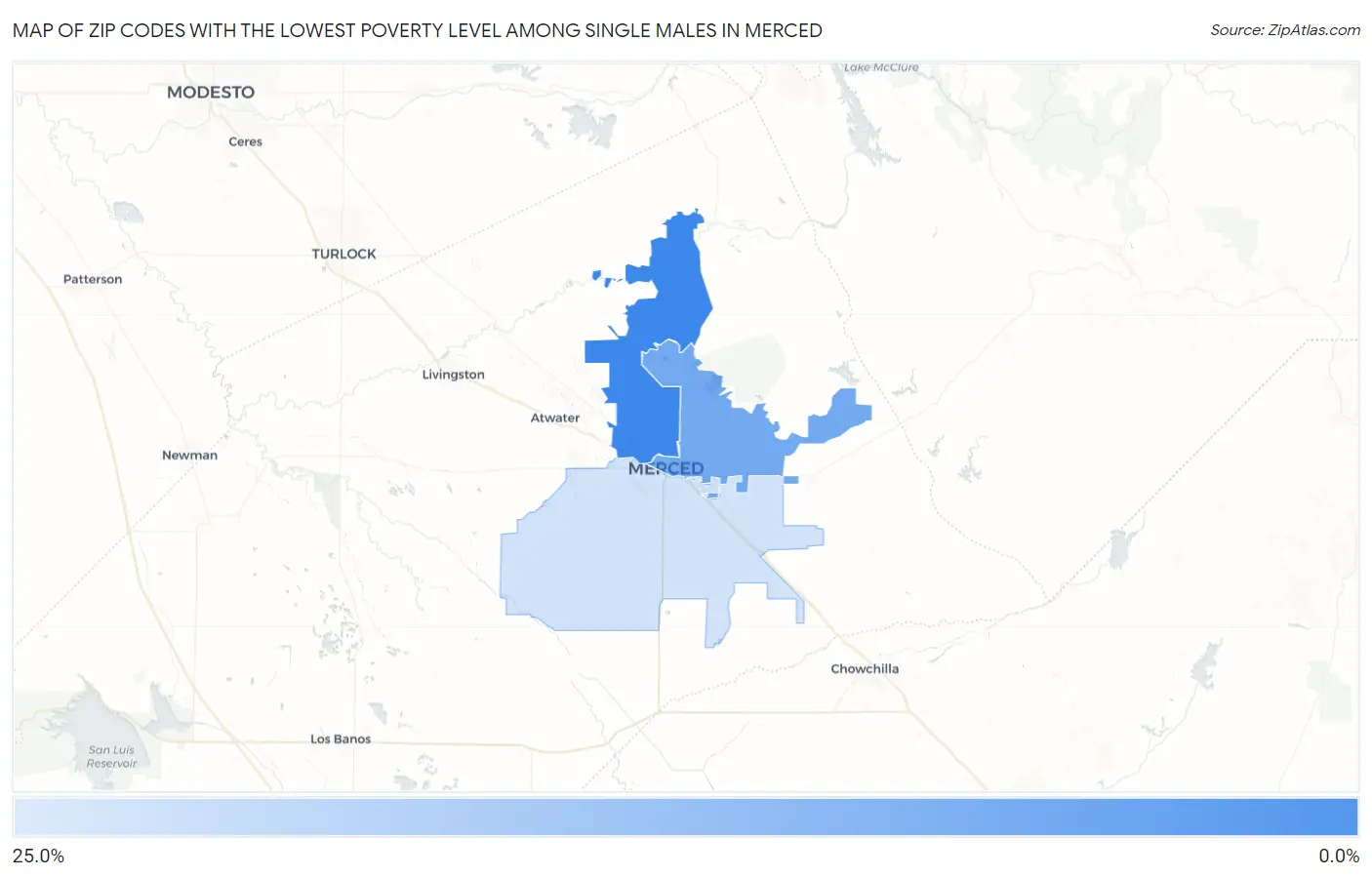 Zip Codes with the Lowest Poverty Level Among Single Males in Merced Map