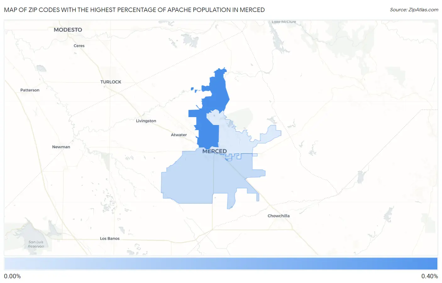 Zip Codes with the Highest Percentage of Apache Population in Merced Map