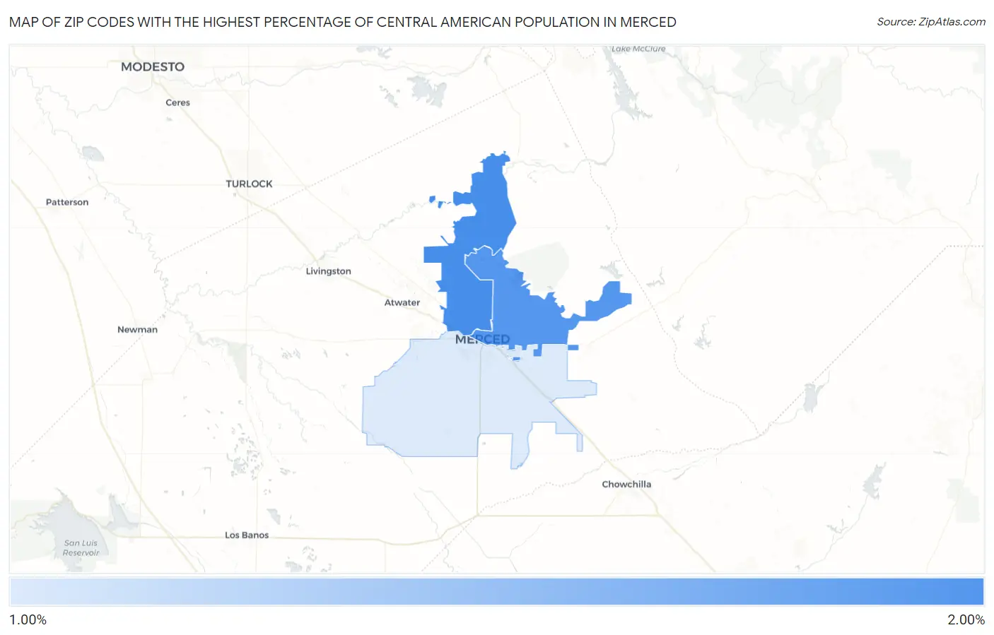 Zip Codes with the Highest Percentage of Central American Population in Merced Map