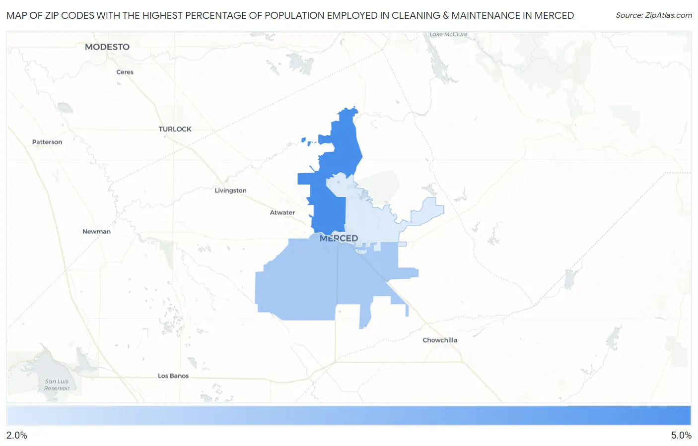 Zip Codes with the Highest Percentage of Population Employed in Cleaning & Maintenance in Merced Map
