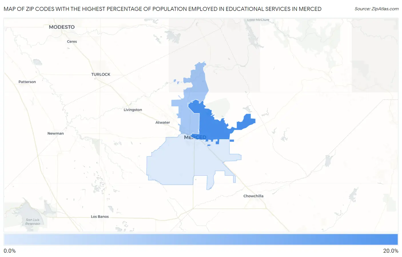Zip Codes with the Highest Percentage of Population Employed in Educational Services in Merced Map
