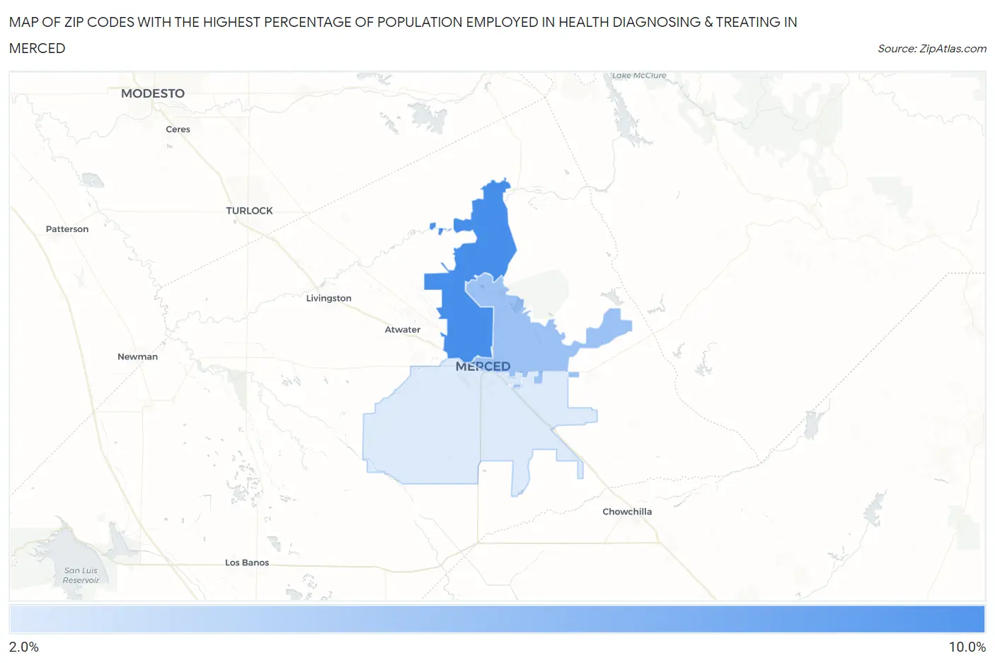 Zip Codes with the Highest Percentage of Population Employed in Health Diagnosing & Treating in Merced Map