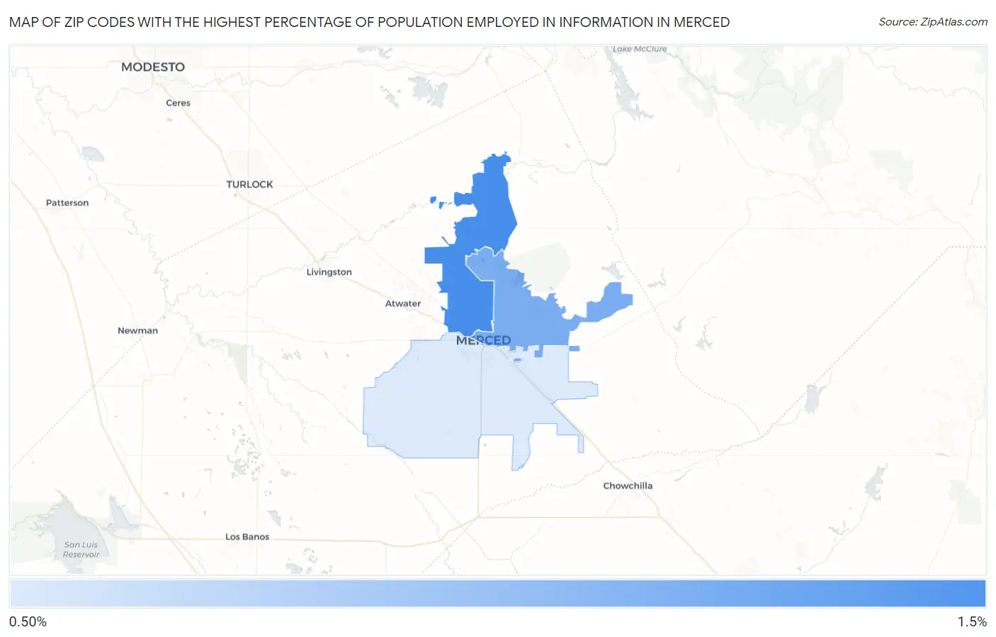 Zip Codes with the Highest Percentage of Population Employed in Information in Merced Map