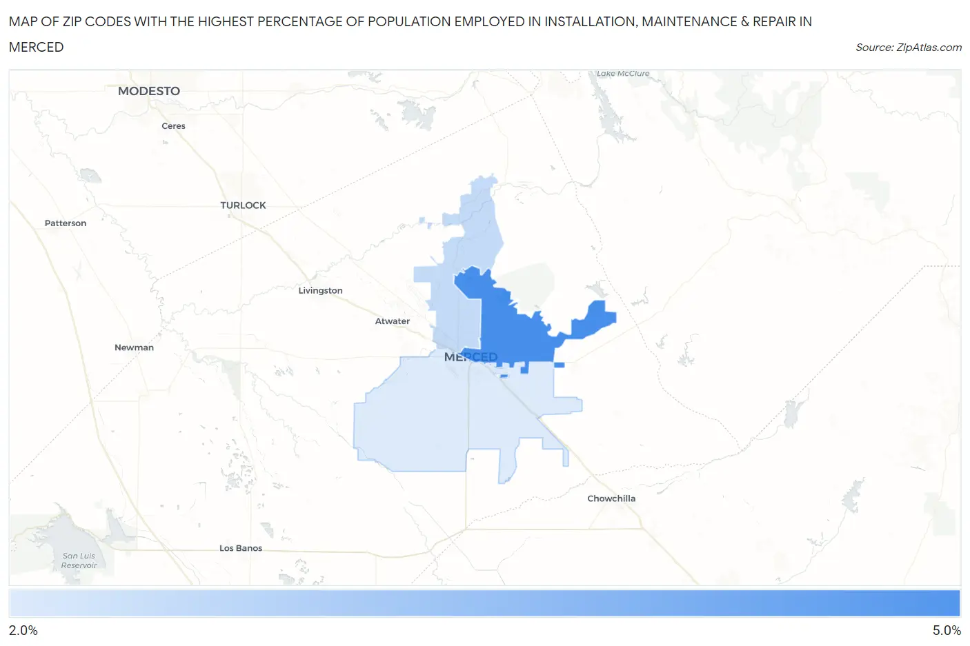Zip Codes with the Highest Percentage of Population Employed in Installation, Maintenance & Repair in Merced Map