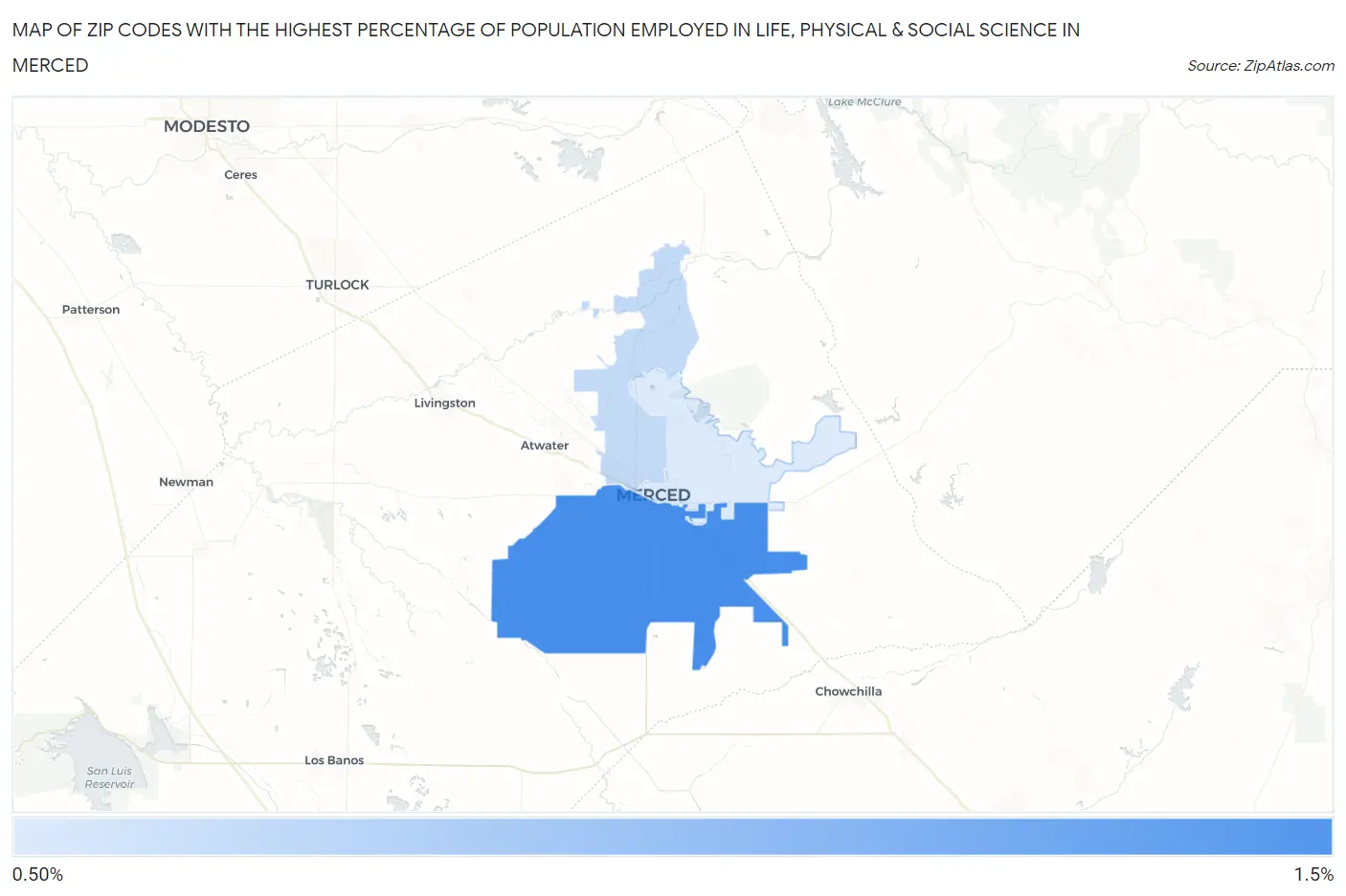 Zip Codes with the Highest Percentage of Population Employed in Life, Physical & Social Science in Merced Map