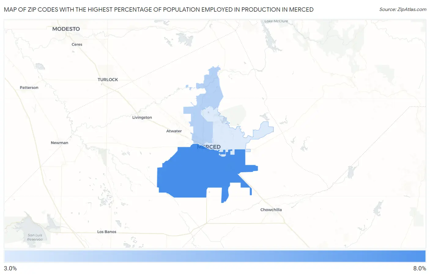 Zip Codes with the Highest Percentage of Population Employed in Production in Merced Map