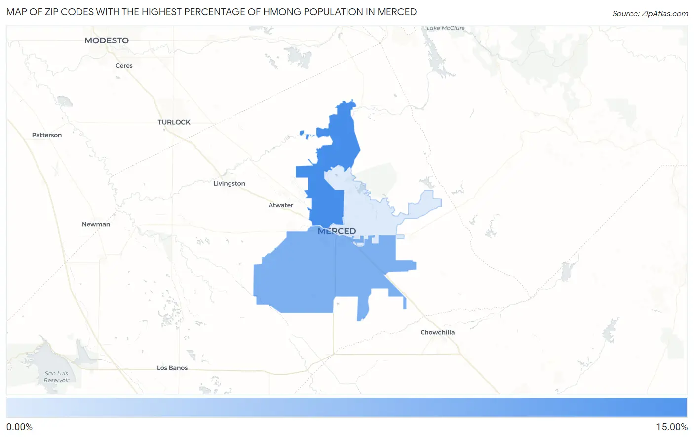 Zip Codes with the Highest Percentage of Hmong Population in Merced Map