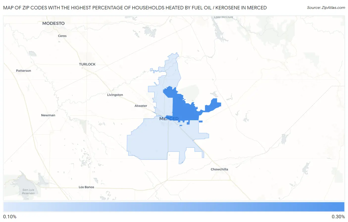Zip Codes with the Highest Percentage of Households Heated by Fuel Oil / Kerosene in Merced Map