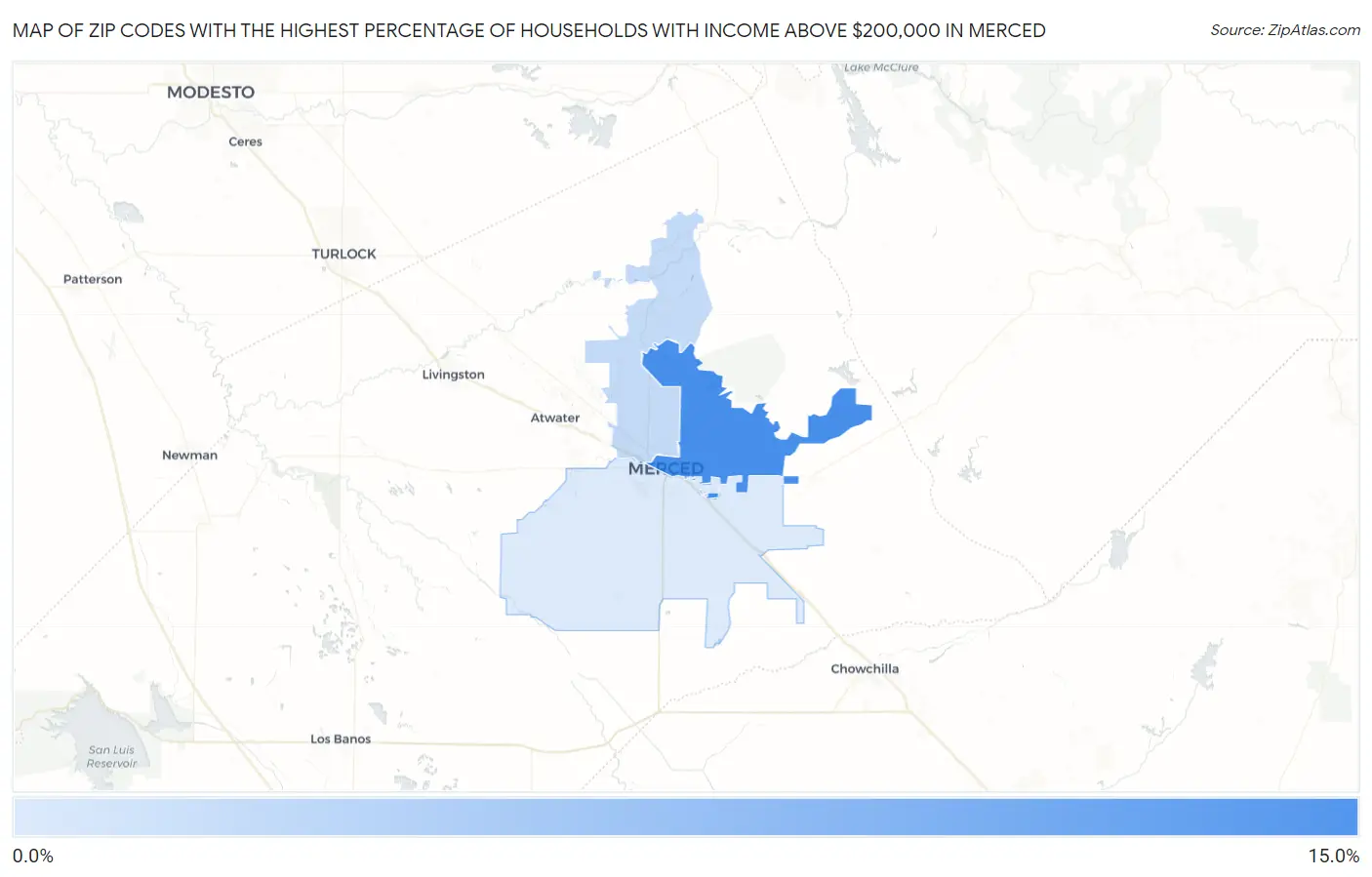 Zip Codes with the Highest Percentage of Households with Income Above $200,000 in Merced Map