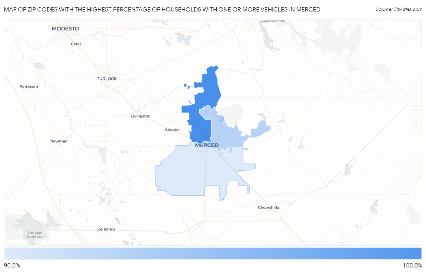 Zip Codes with the Highest Percentage of Households With One or more Vehicles in Merced Map