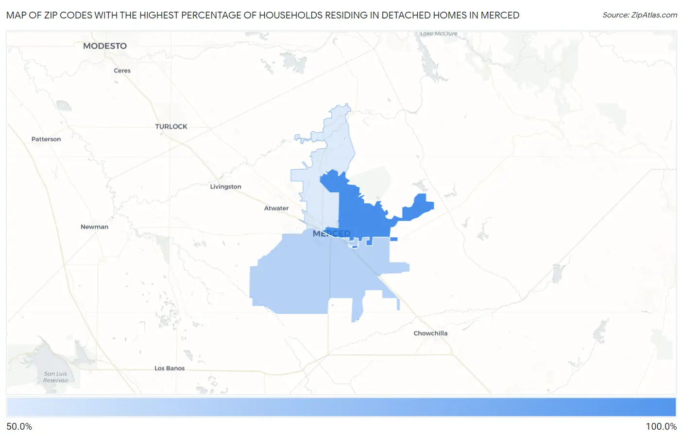 Zip Codes with the Highest Percentage of Households Residing in Detached Homes in Merced Map