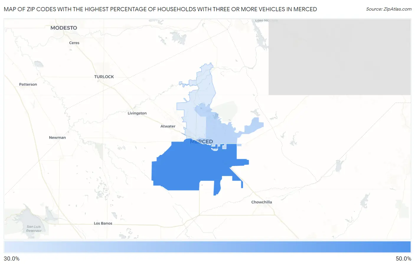 Zip Codes with the Highest Percentage of Households With Three or more Vehicles in Merced Map