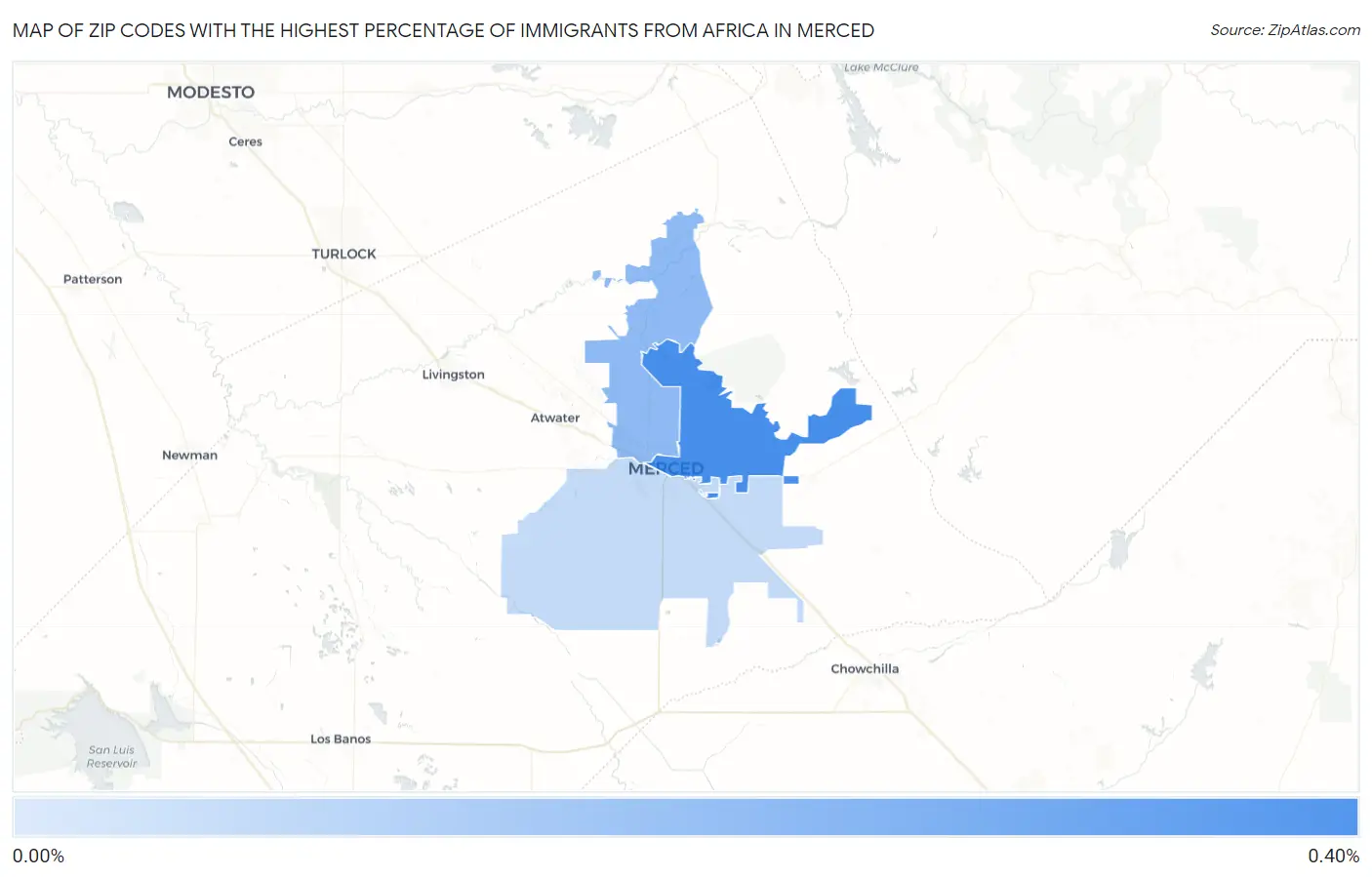 Zip Codes with the Highest Percentage of Immigrants from Africa in Merced Map