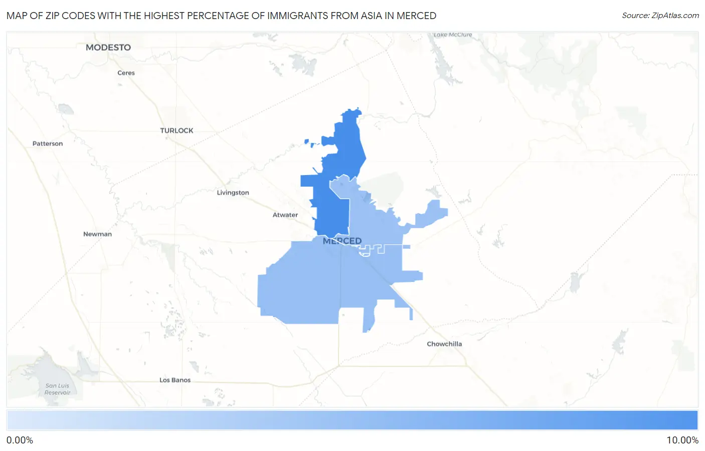 Zip Codes with the Highest Percentage of Immigrants from Asia in Merced Map