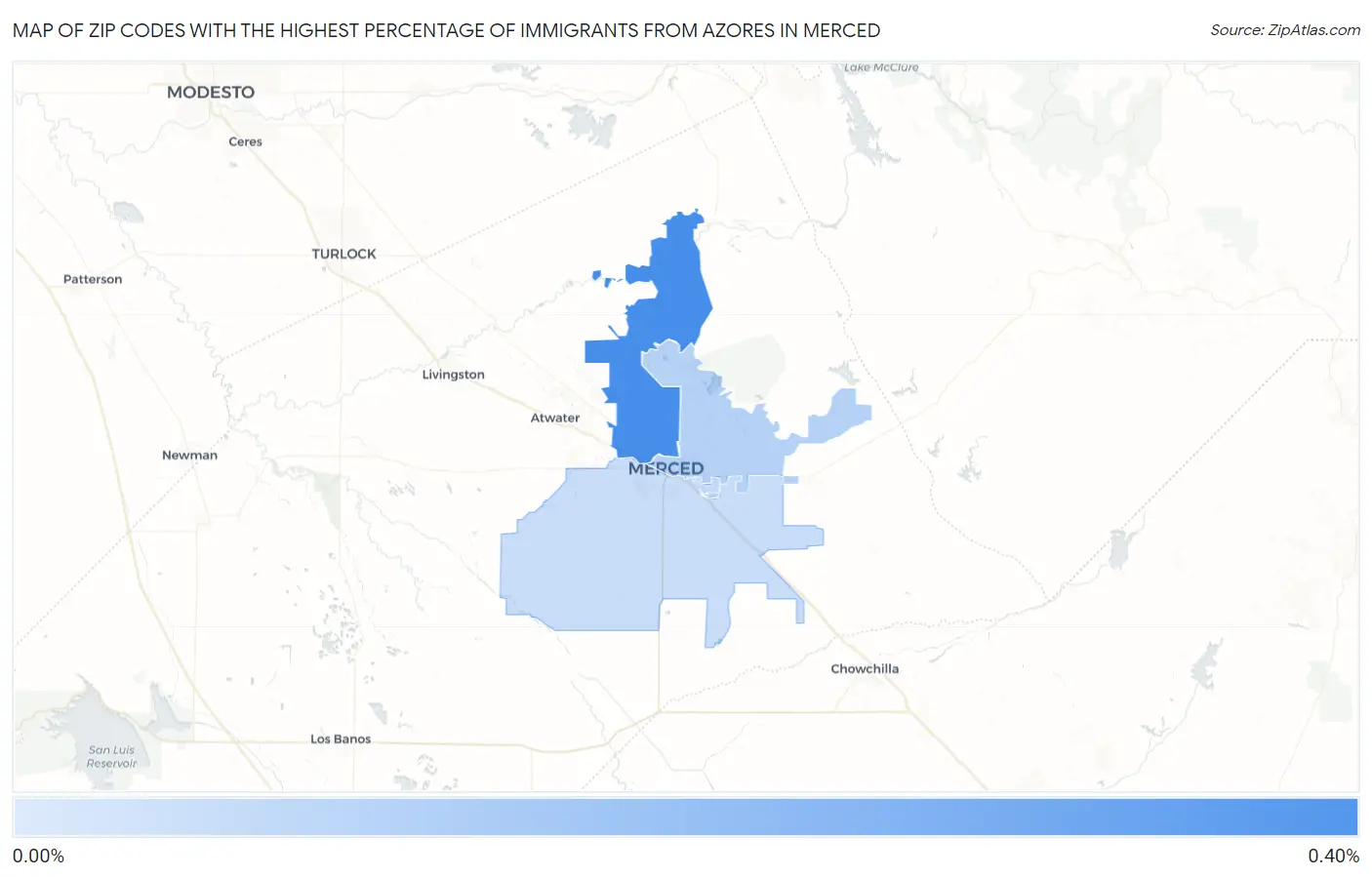 Zip Codes with the Highest Percentage of Immigrants from Azores in Merced Map