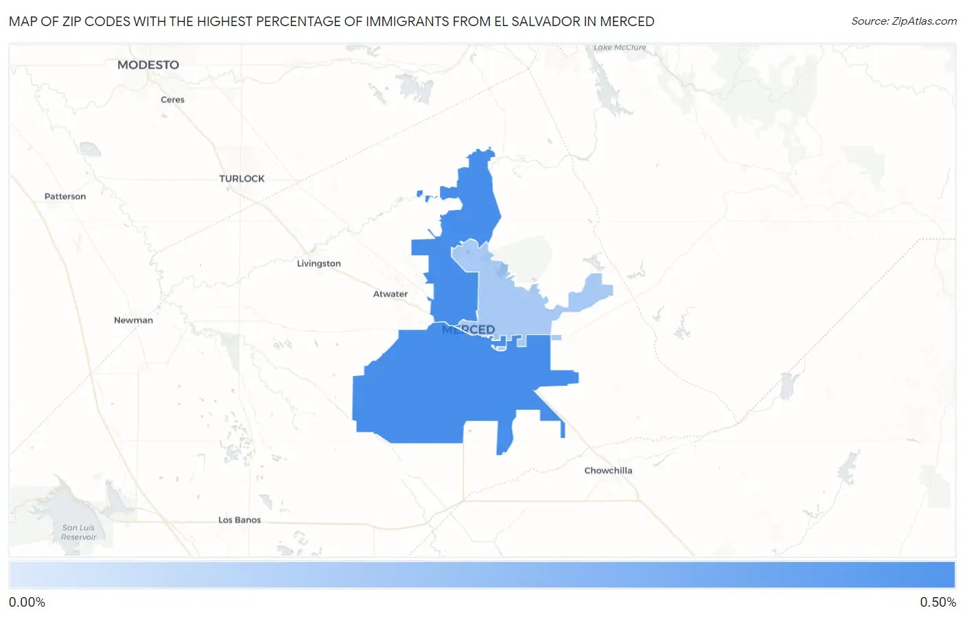 Zip Codes with the Highest Percentage of Immigrants from El Salvador in Merced Map