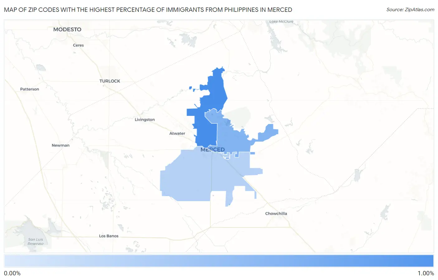 Zip Codes with the Highest Percentage of Immigrants from Philippines in Merced Map
