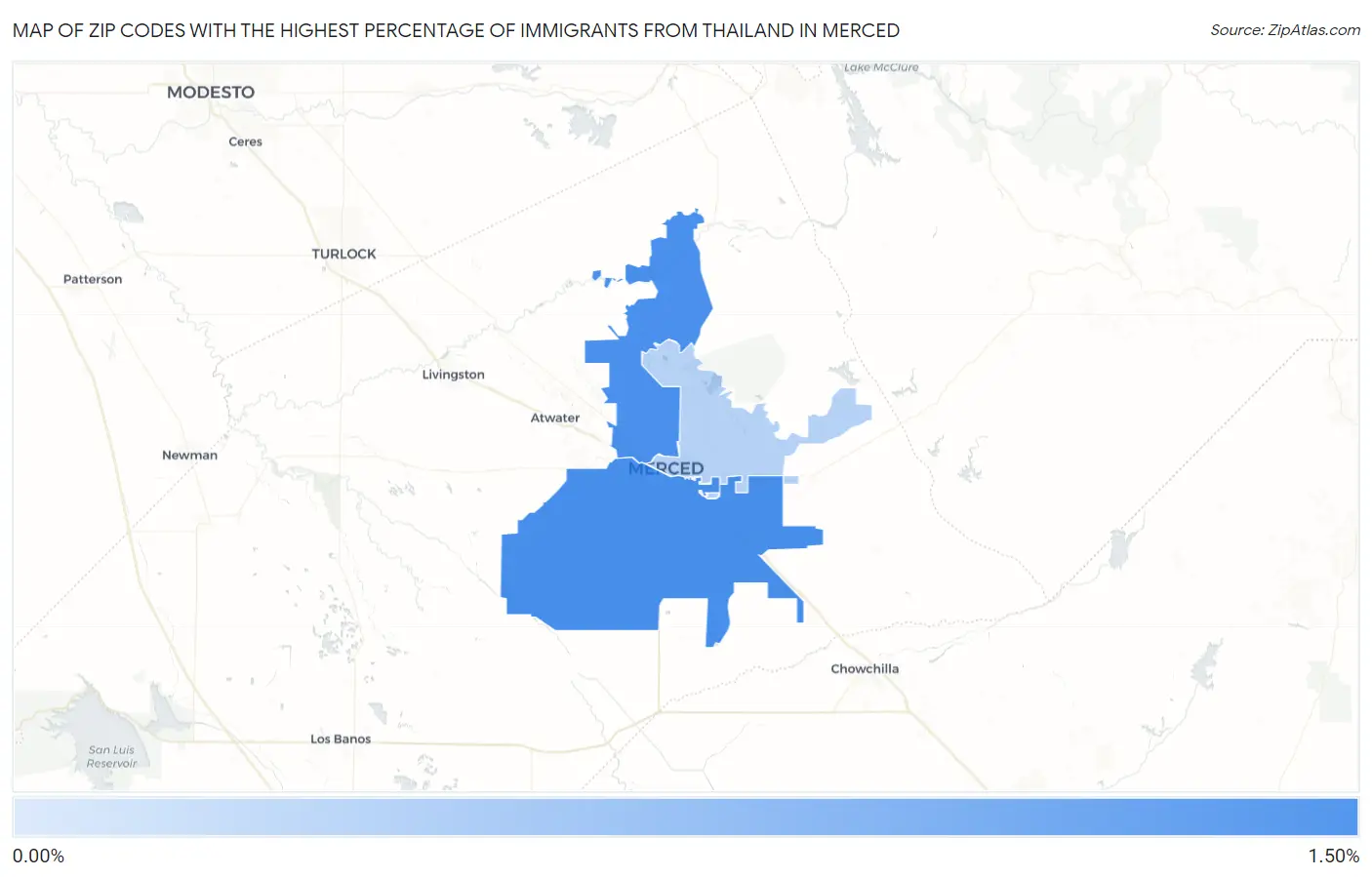 Zip Codes with the Highest Percentage of Immigrants from Thailand in Merced Map