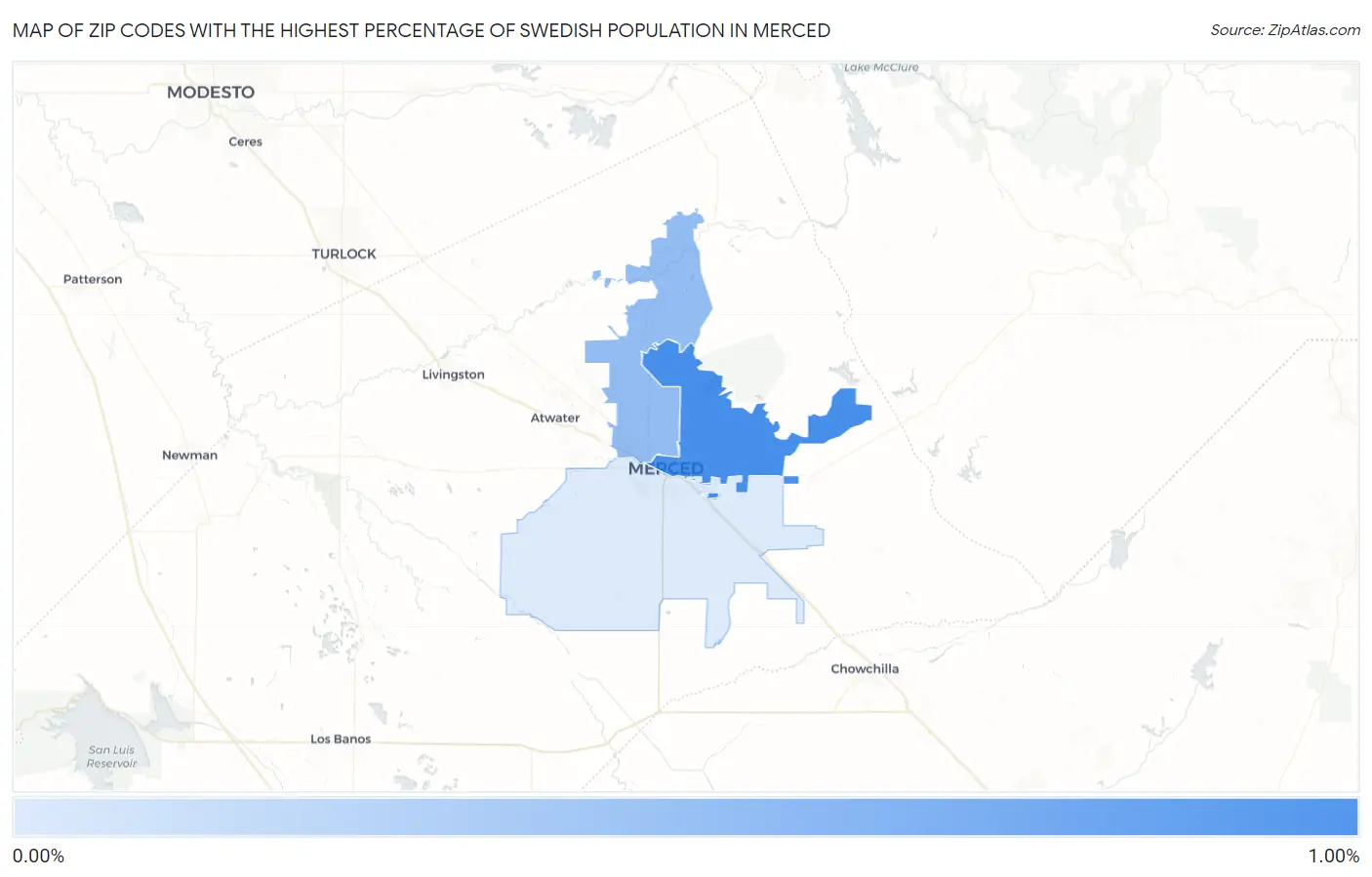 Zip Codes with the Highest Percentage of Swedish Population in Merced Map