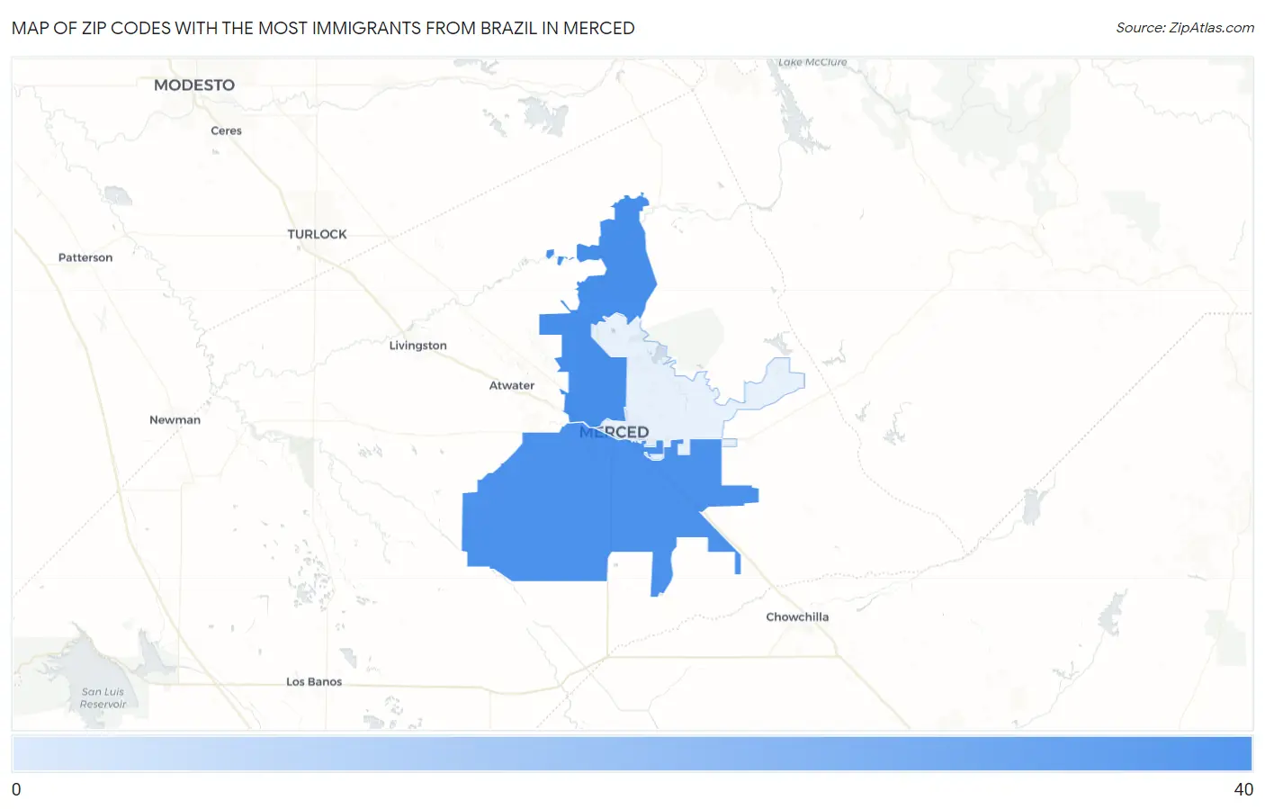 Zip Codes with the Most Immigrants from Brazil in Merced Map