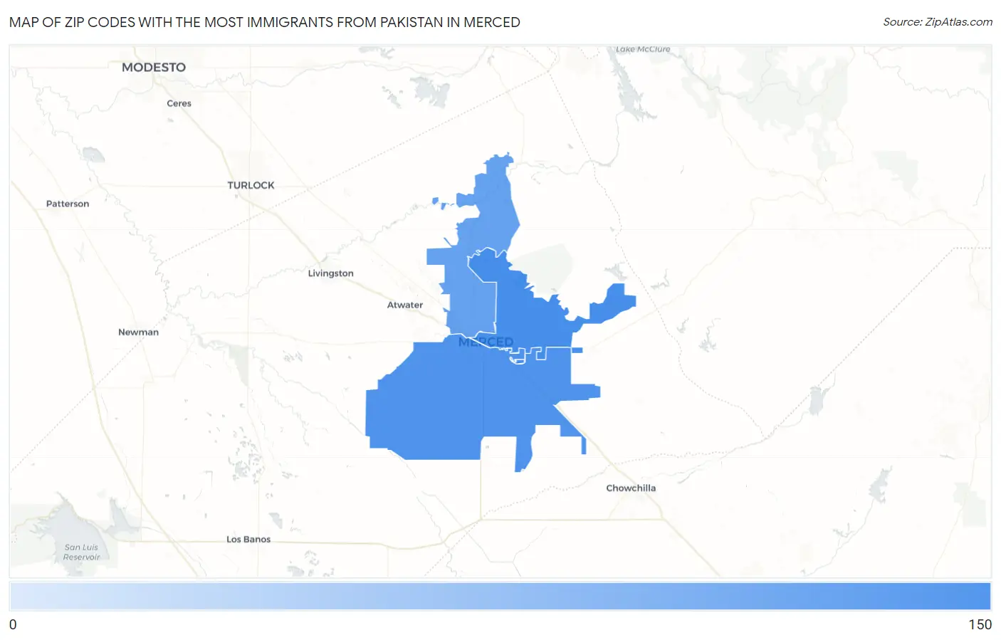 Zip Codes with the Most Immigrants from Pakistan in Merced Map