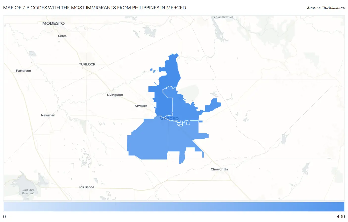 Zip Codes with the Most Immigrants from Philippines in Merced Map