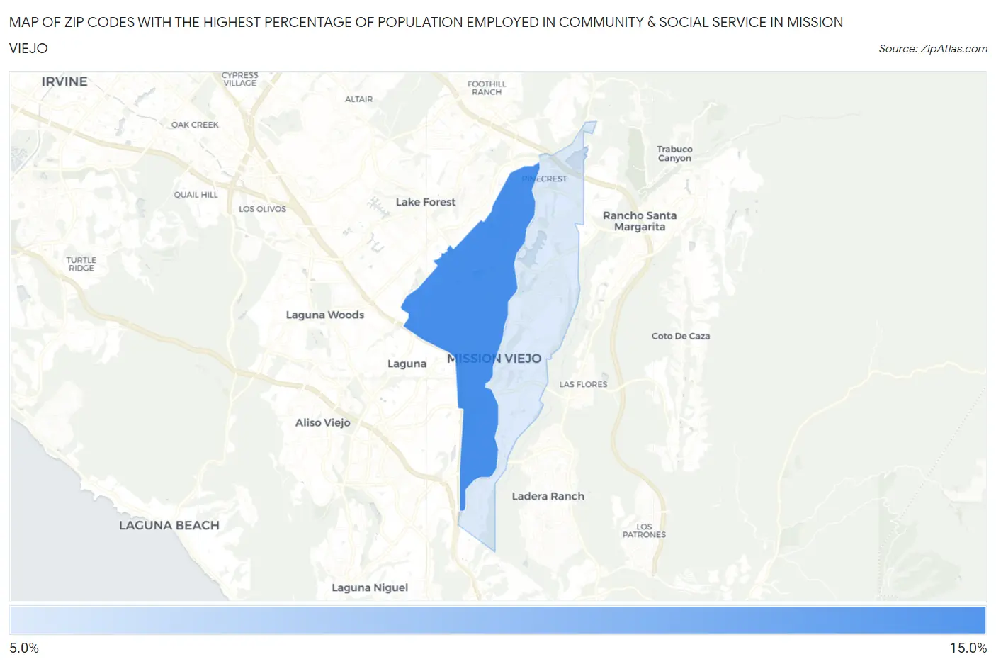 Zip Codes with the Highest Percentage of Population Employed in Community & Social Service  in Mission Viejo Map