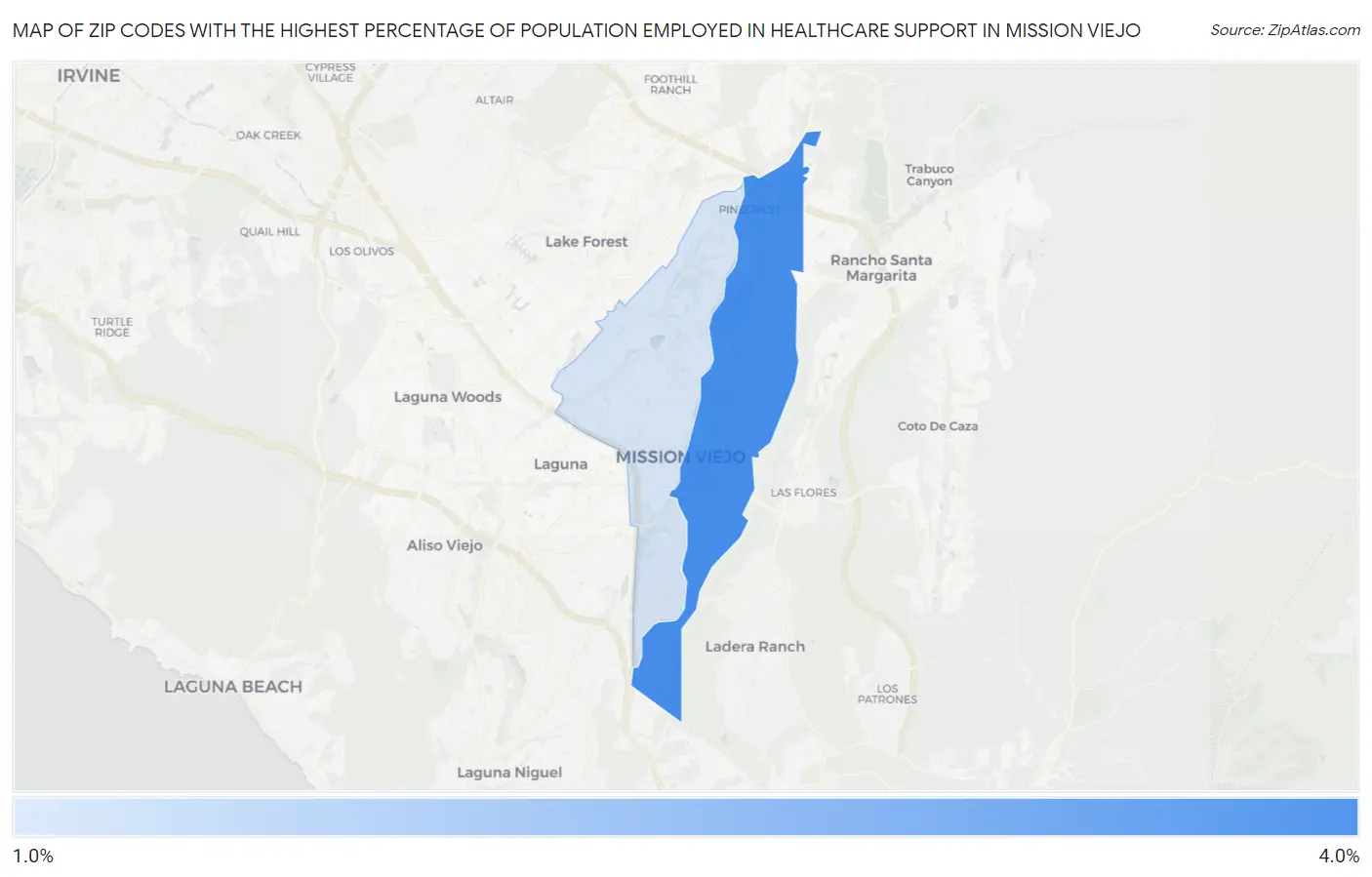 Zip Codes with the Highest Percentage of Population Employed in Healthcare Support in Mission Viejo Map