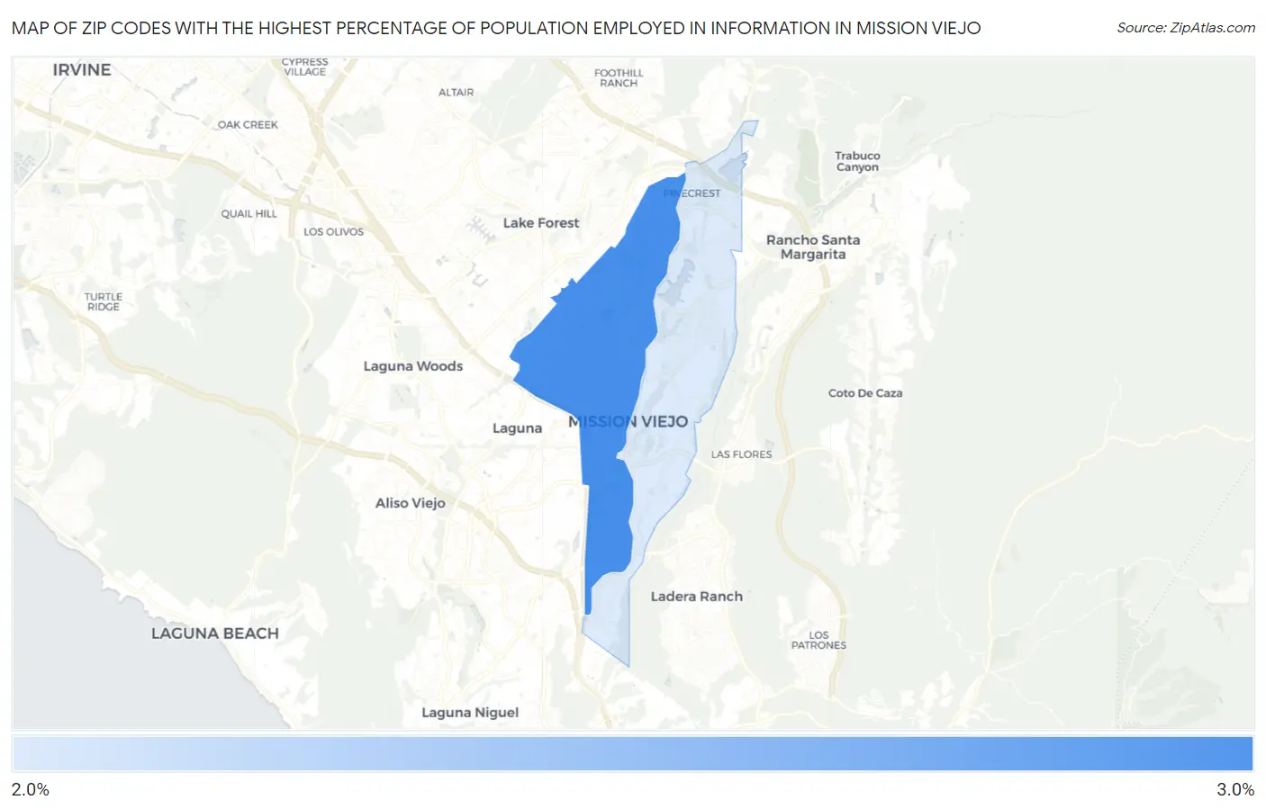 Zip Codes with the Highest Percentage of Population Employed in Information in Mission Viejo Map