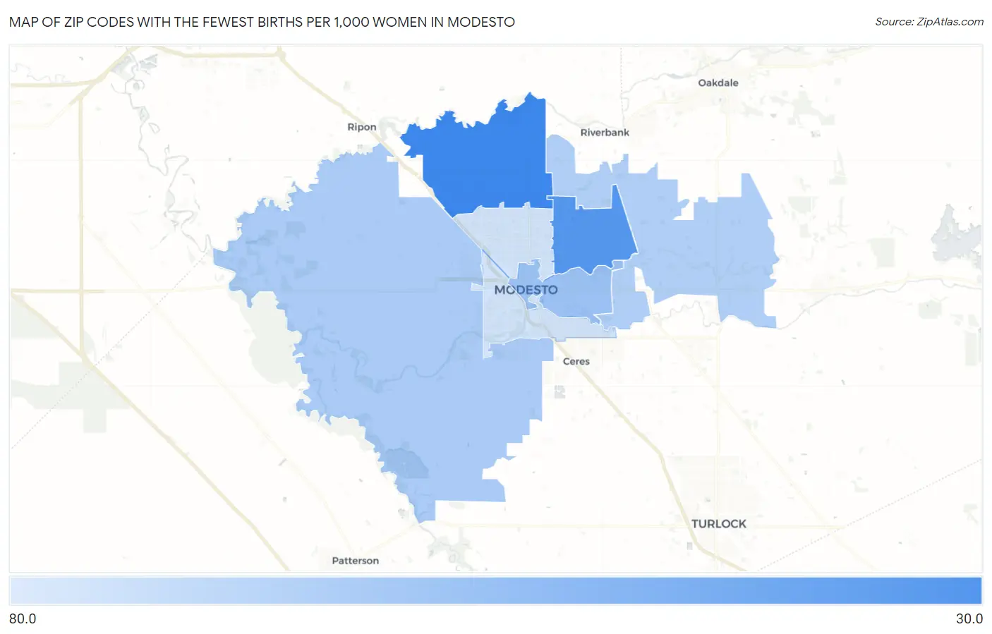 Zip Codes with the Fewest Births per 1,000 Women in Modesto Map