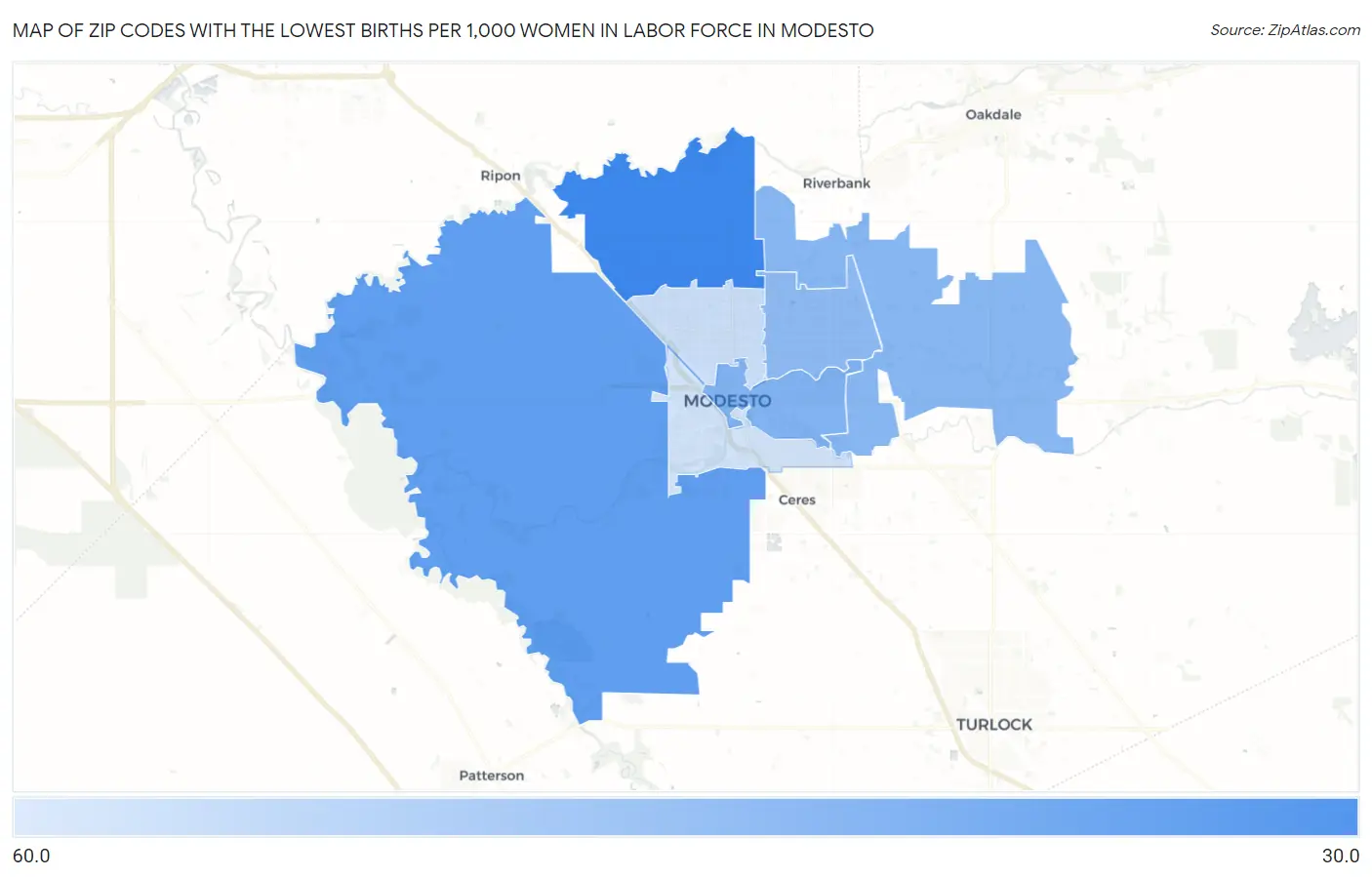 Zip Codes with the Lowest Births per 1,000 Women in Labor Force in Modesto Map