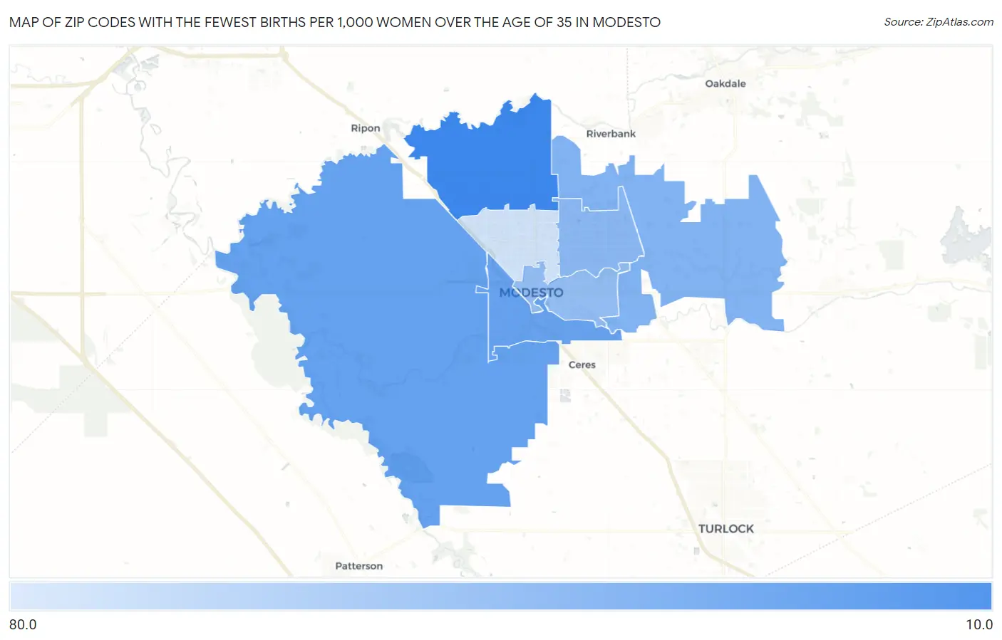 Zip Codes with the Fewest Births per 1,000 Women Over the Age of 35 in Modesto Map
