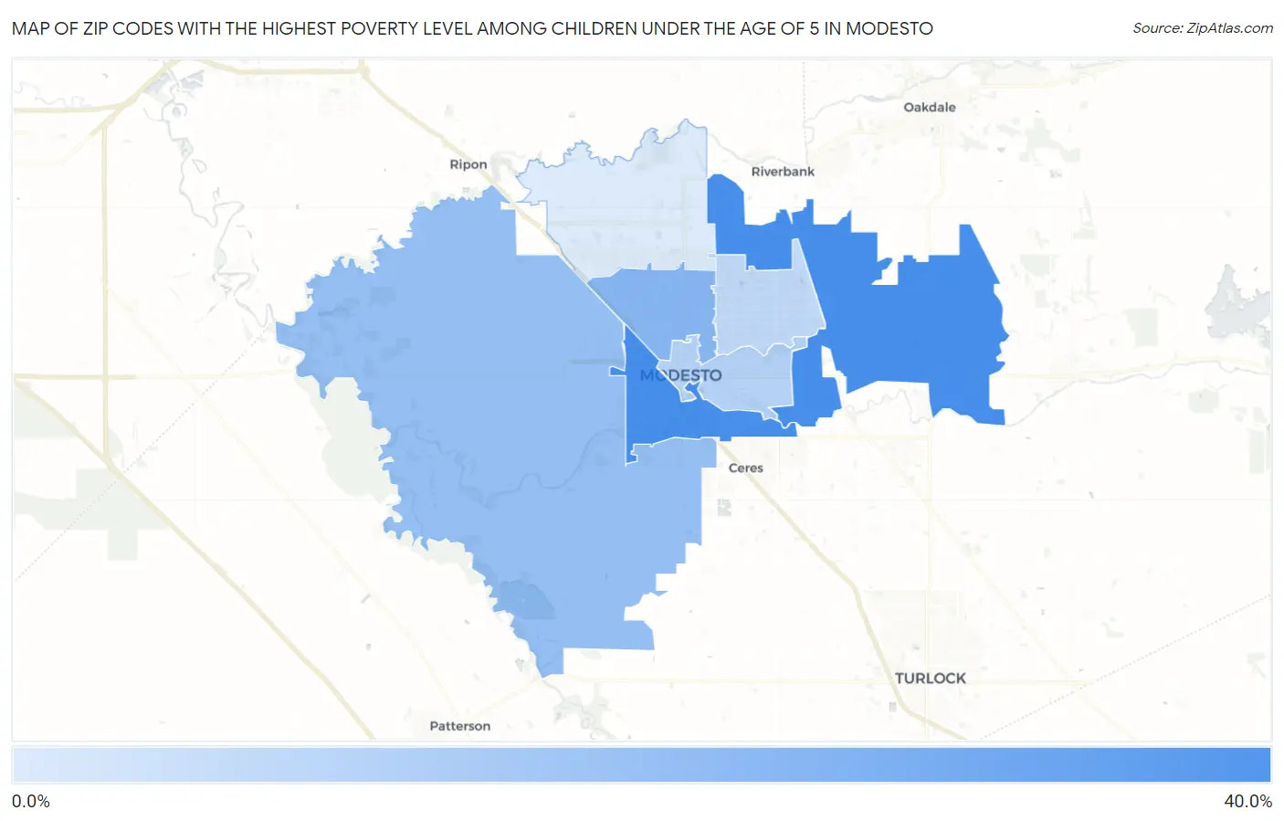 Zip Codes with the Highest Poverty Level Among Children Under the Age of 5 in Modesto Map