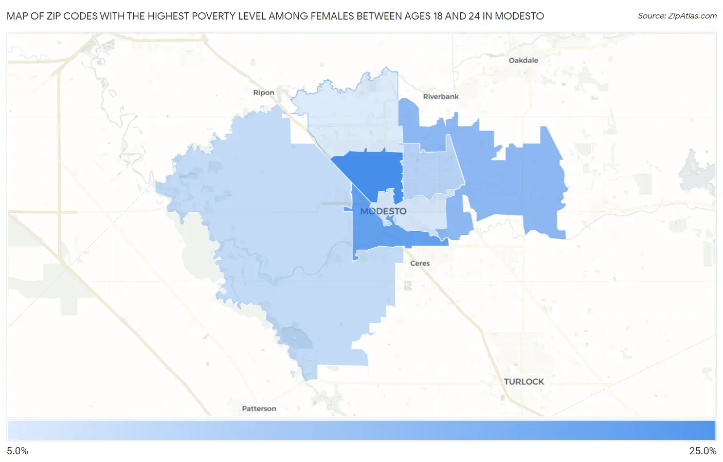 Zip Codes with the Highest Poverty Level Among Females Between Ages 18 and 24 in Modesto Map