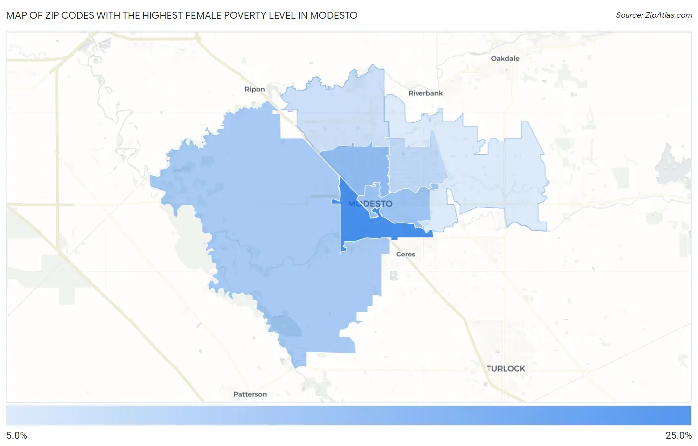 Zip Codes with the Highest Female Poverty Level in Modesto Map