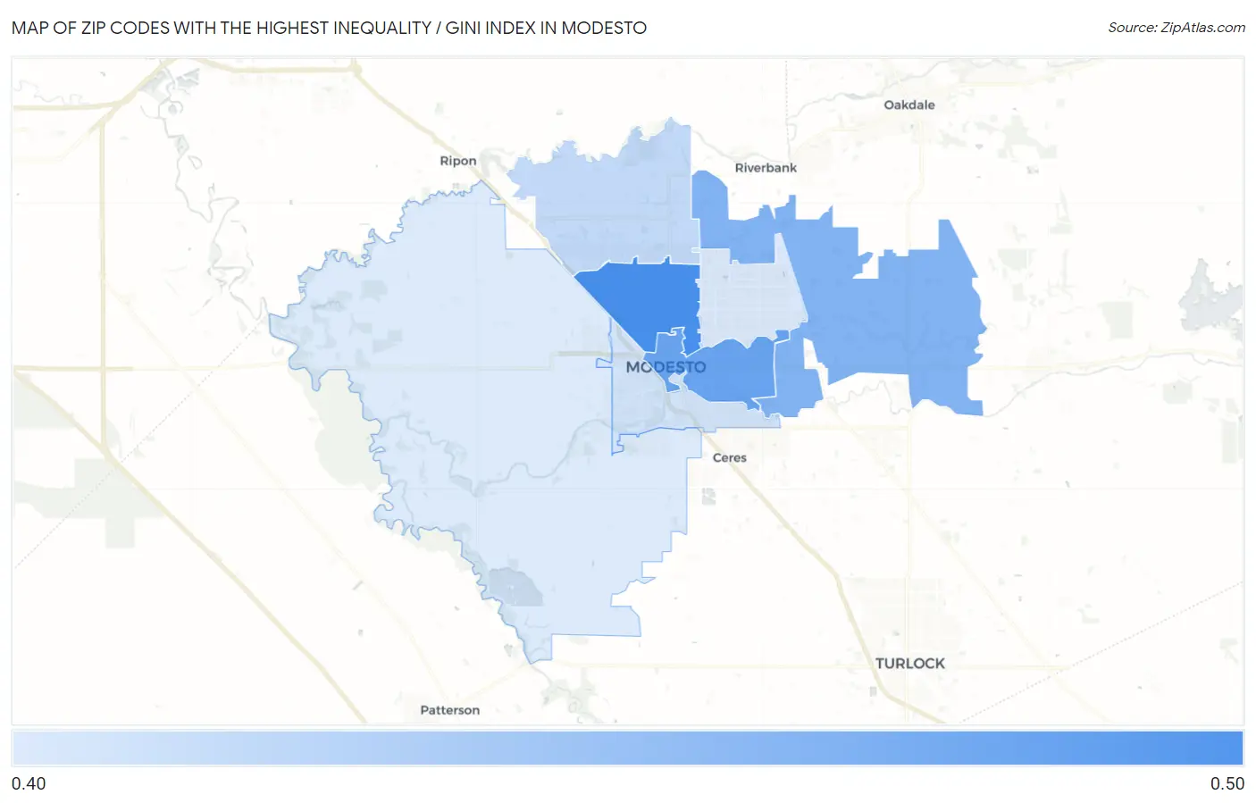 Zip Codes with the Highest Inequality / Gini Index in Modesto Map