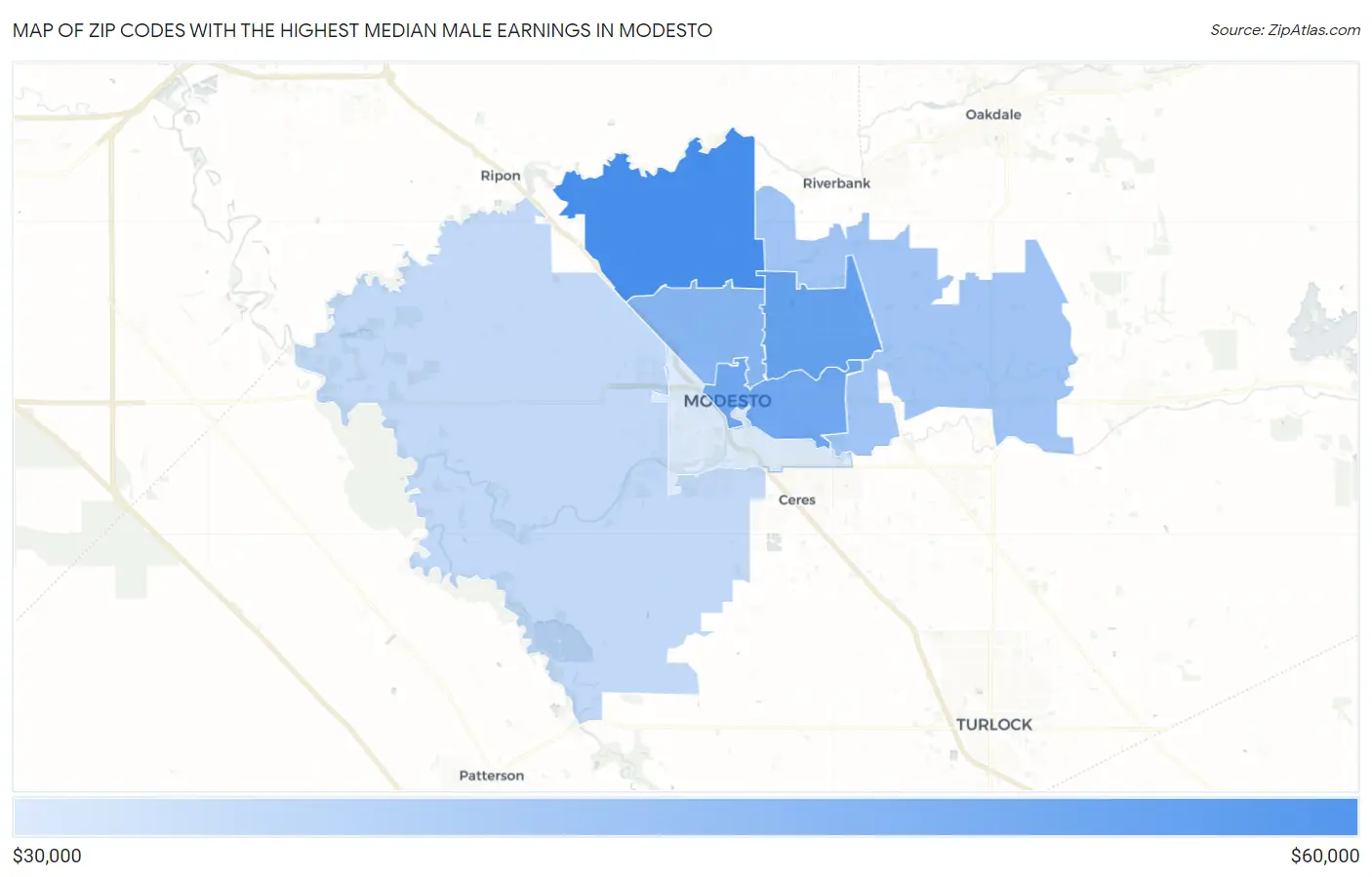 Zip Codes with the Highest Median Male Earnings in Modesto Map