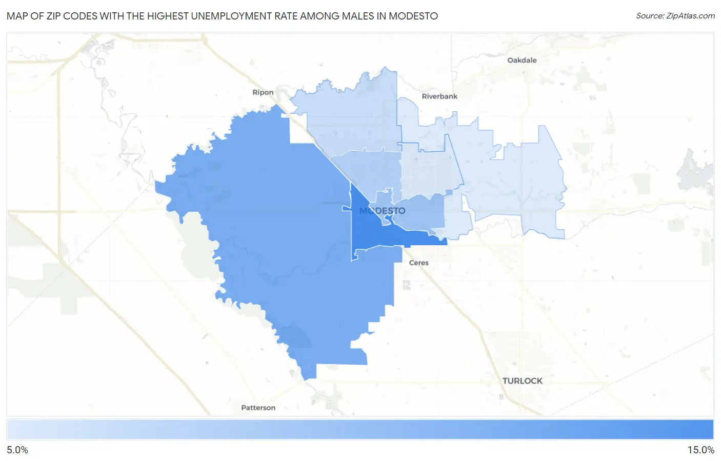 Zip Codes with the Highest Unemployment Rate Among Males in Modesto Map