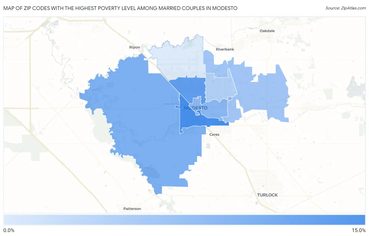 Zip Codes with the Highest Poverty Level Among Married Couples in Modesto Map