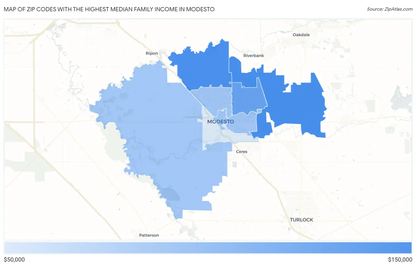 Zip Codes with the Highest Median Family Income in Modesto Map
