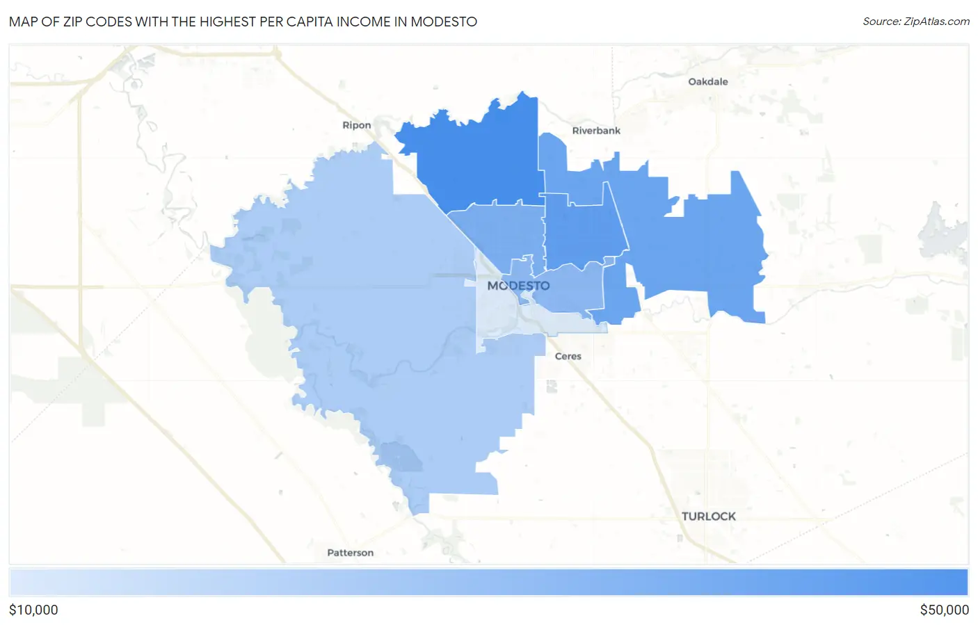 Zip Codes with the Highest Per Capita Income in Modesto Map