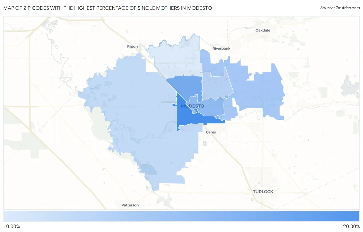 Zip Codes with the Highest Percentage of Single Mothers in Modesto Map