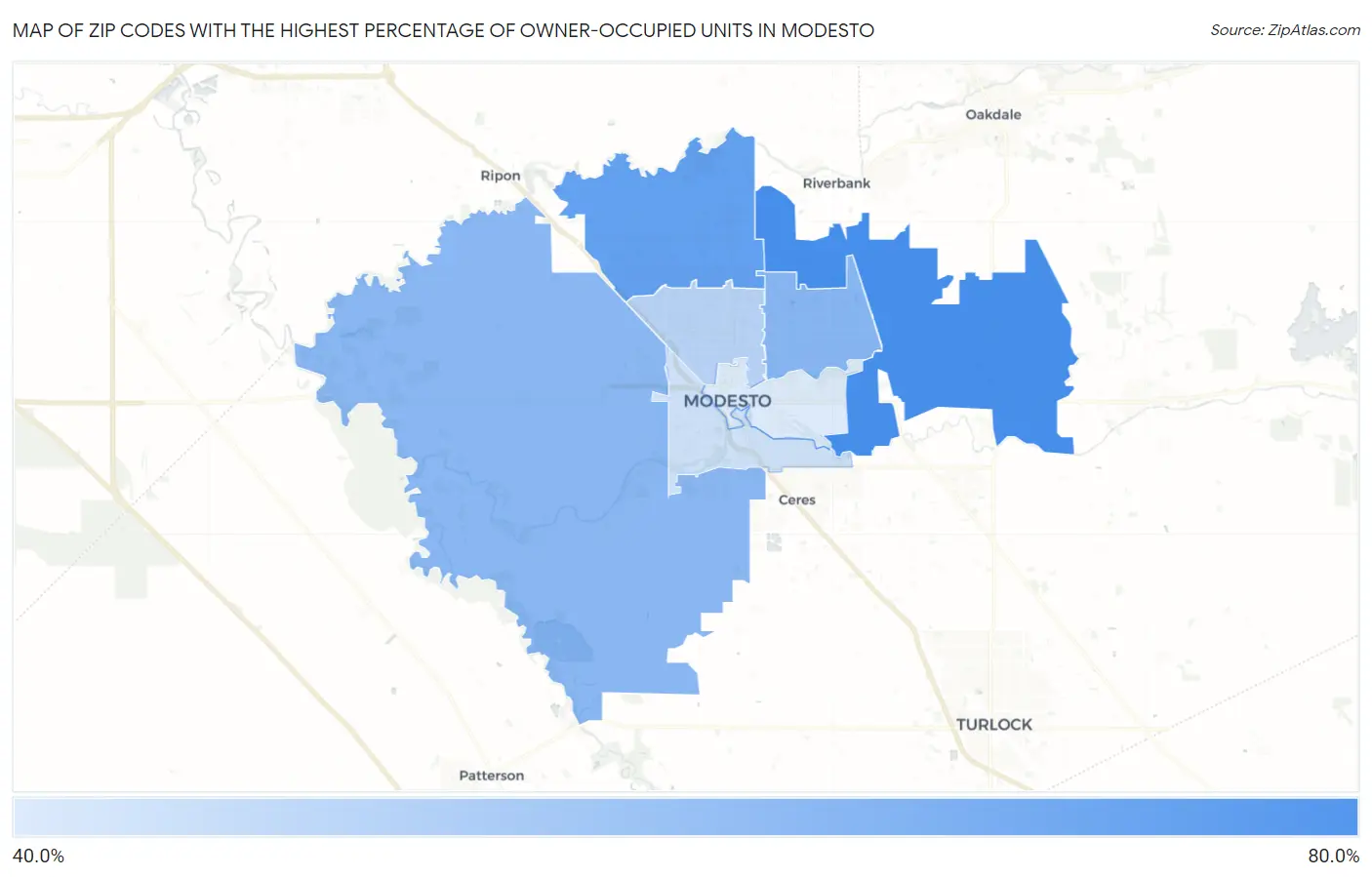 Zip Codes with the Highest Percentage of Owner-Occupied Units in Modesto Map